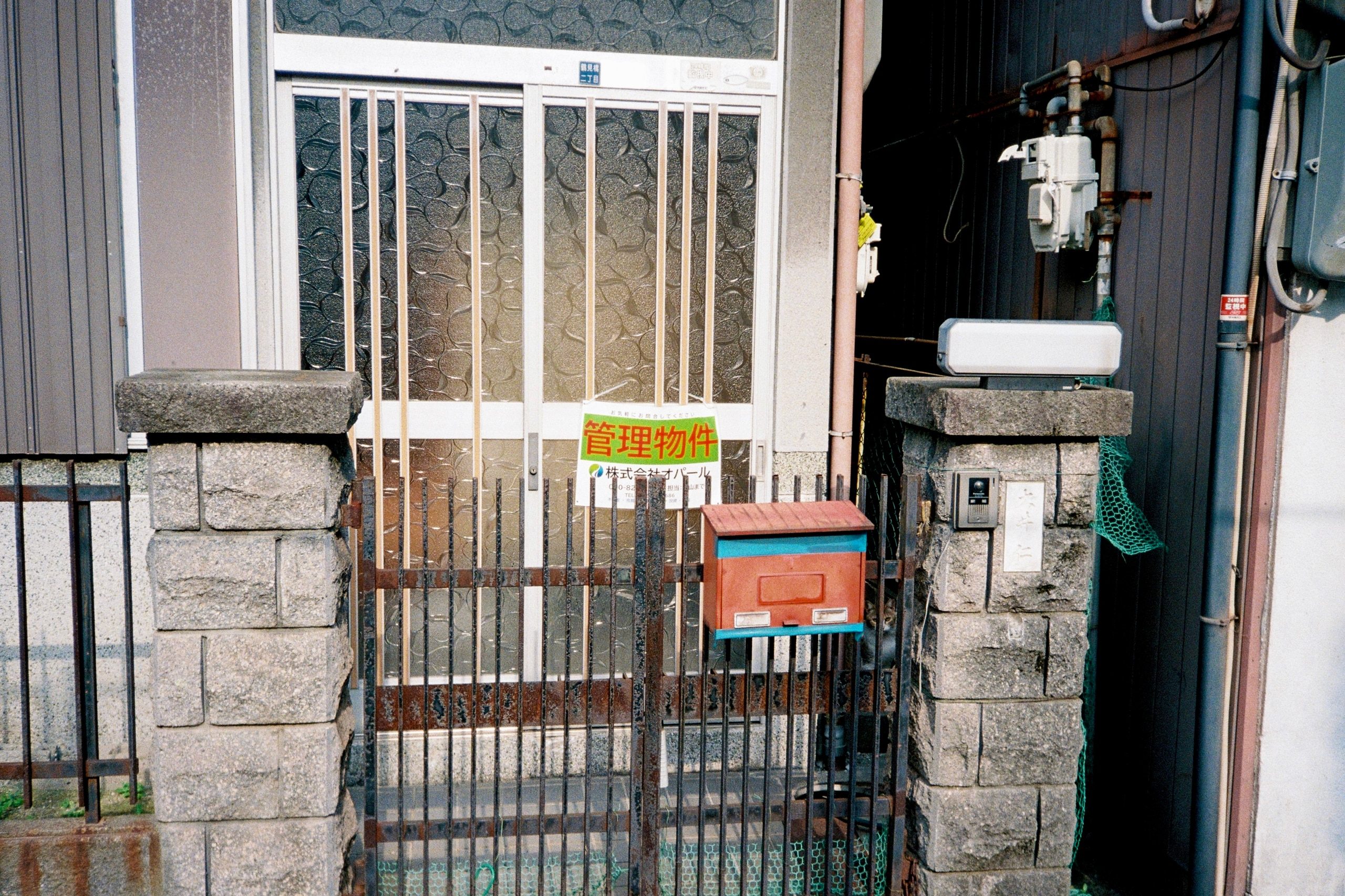 A residential entrance gate with a textured glass door and an orange mailbox; a cat peeks from behind it.