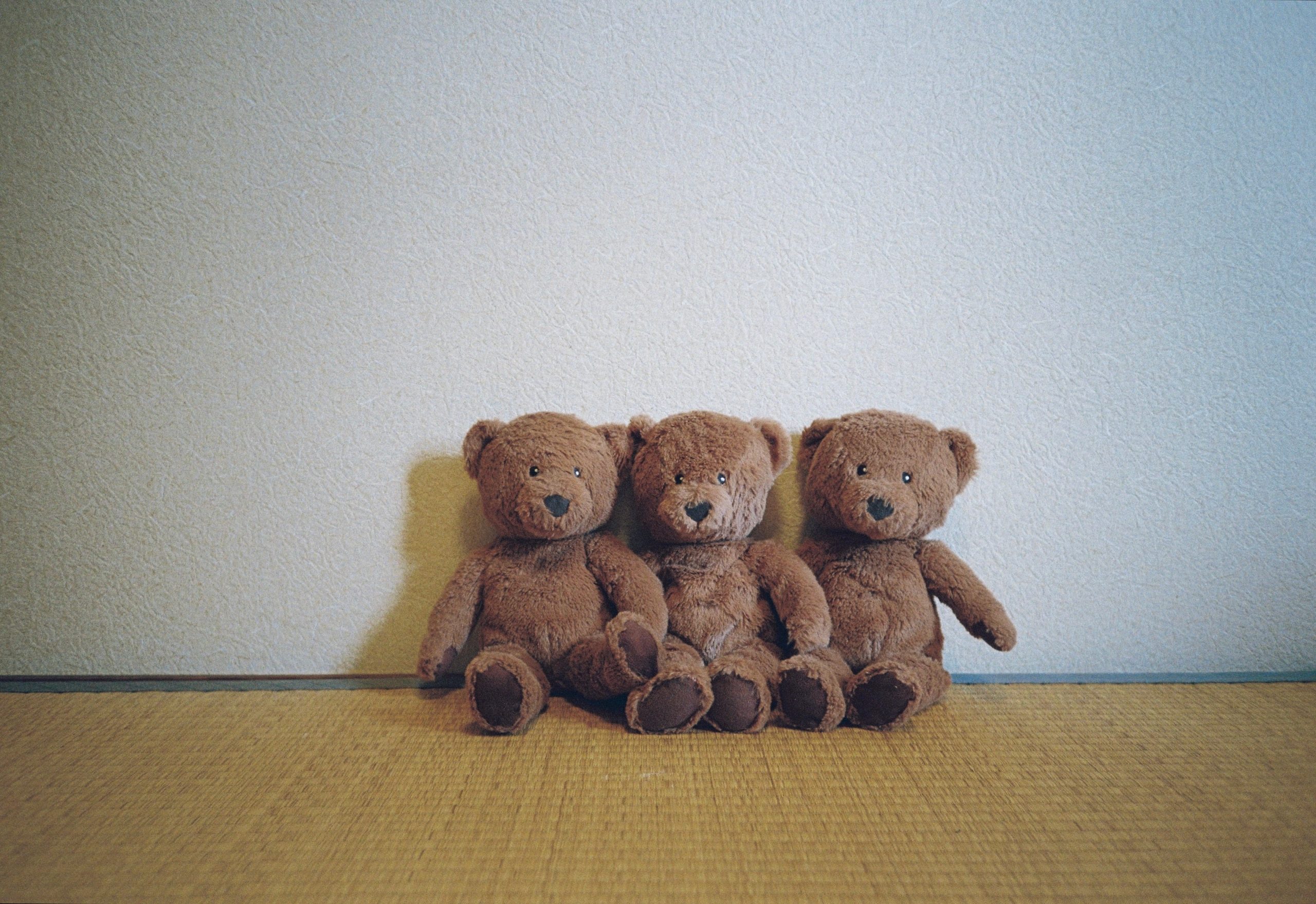 Three identical brown teddy bears sit shoulder to shoulder in a row against the wall.