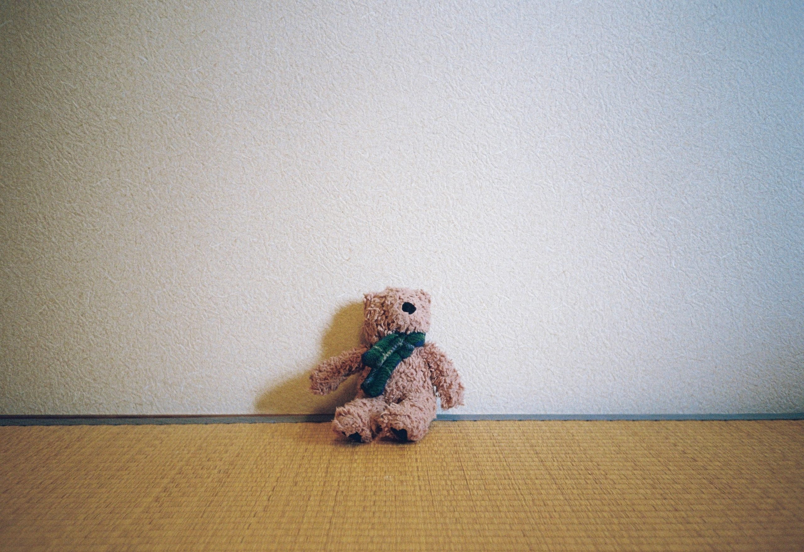A small, threadbare bear with one eye missing wears a green tartan scarf and sits low against the wall.