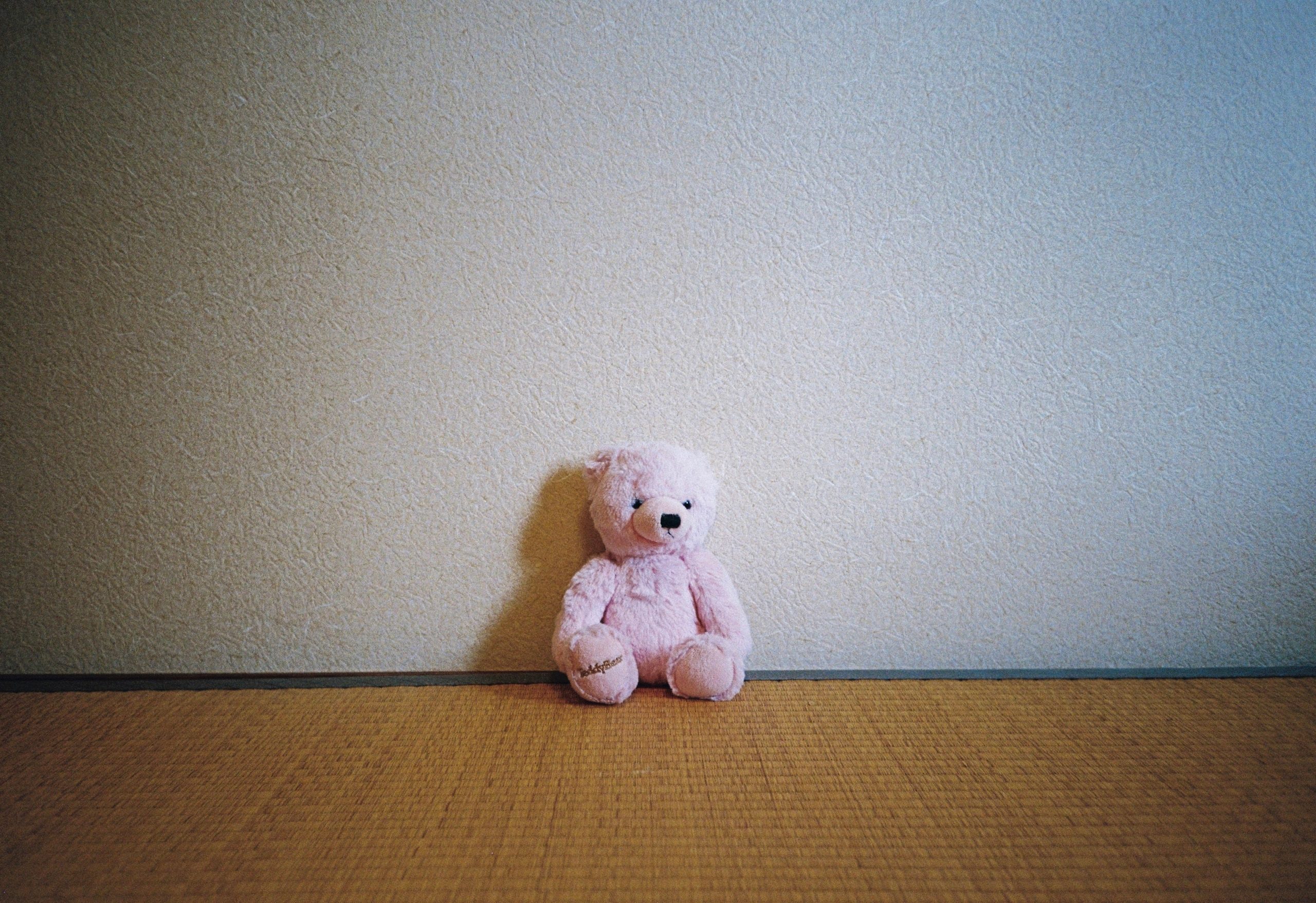 A small pink teddy bear sits alone, its size emphasizing the empty wall stretching above and beside it.