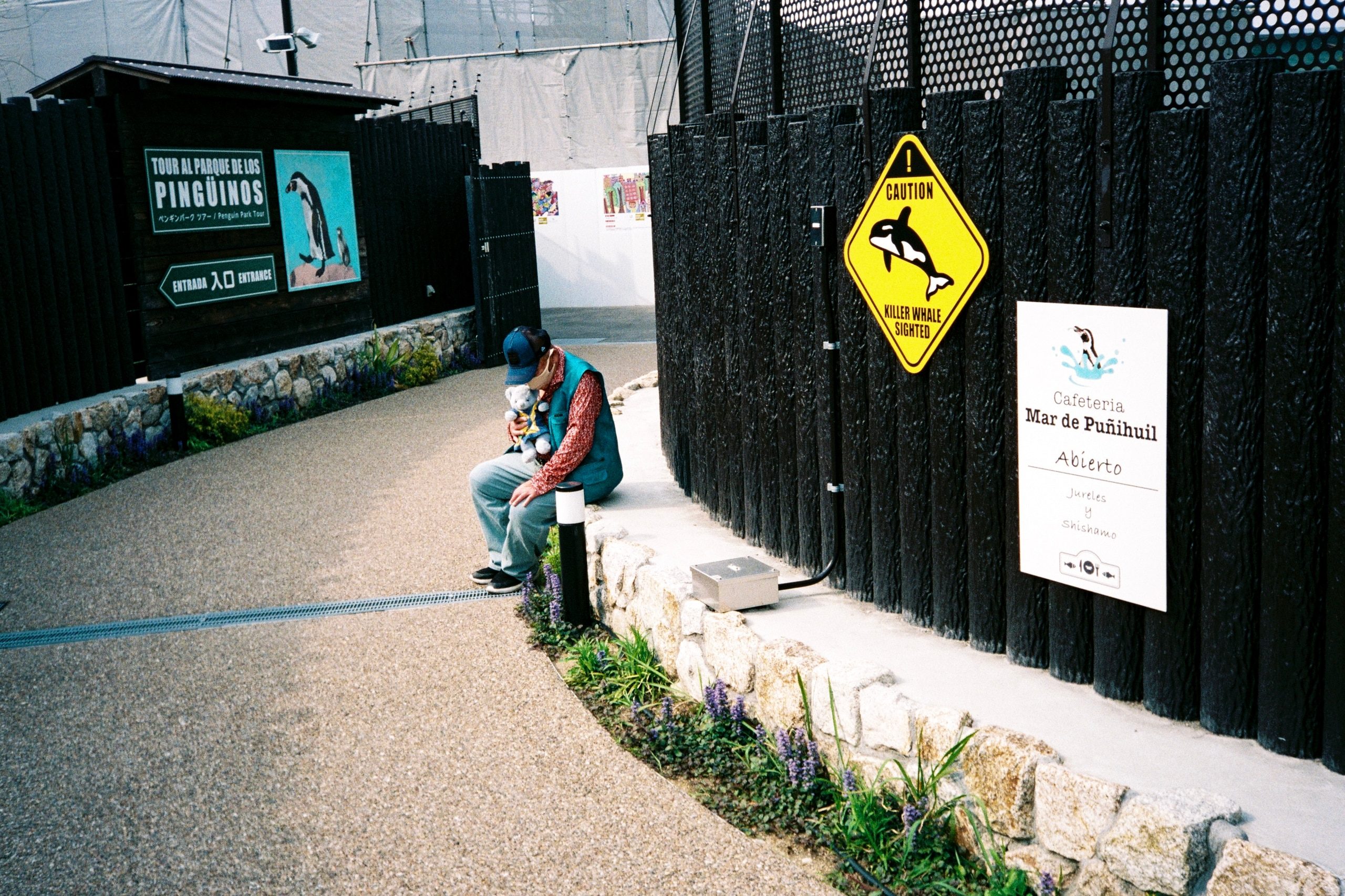 A masked person sits alone at a themed park entrance, holding a stuffed toy.
