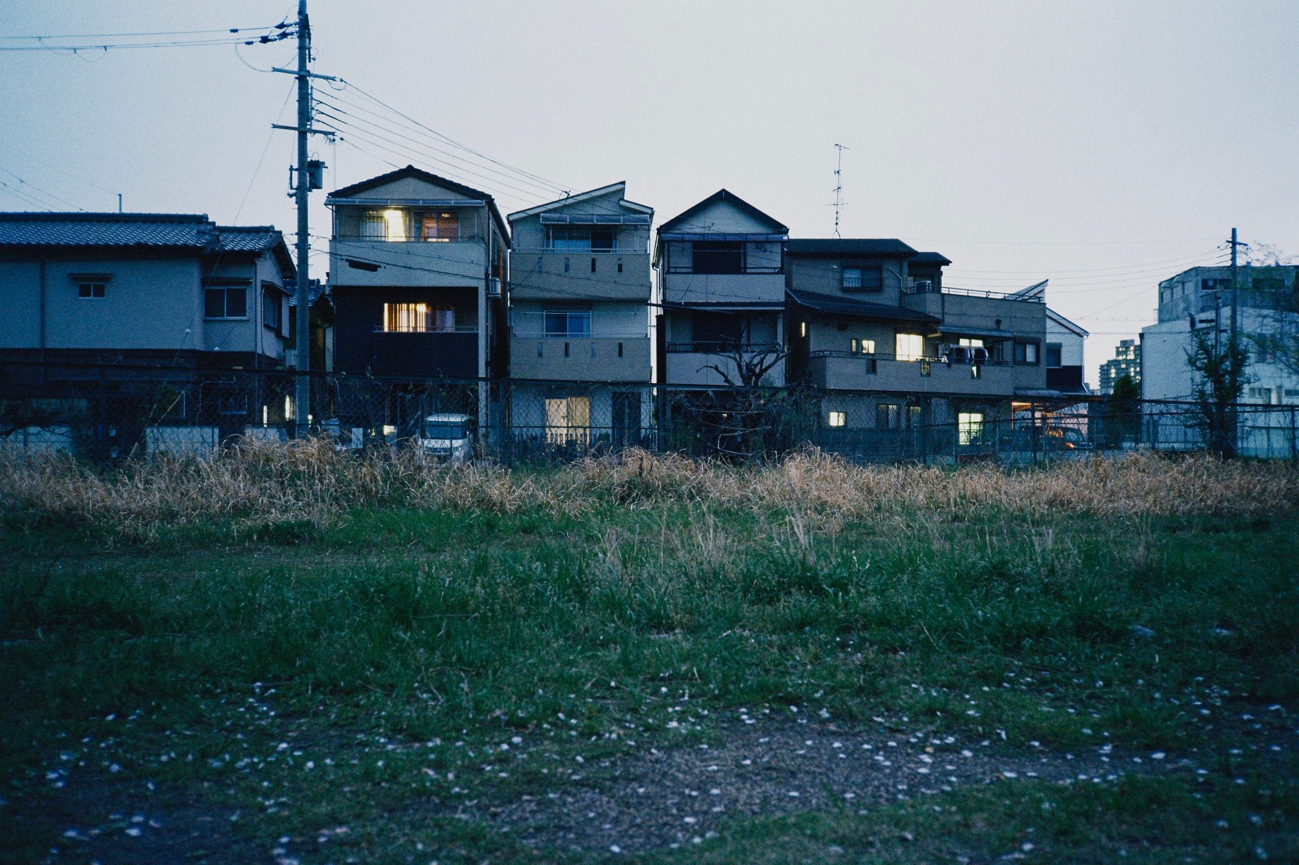 A row of houses at dusk with lit windows, seen across an empty overgrown lot.