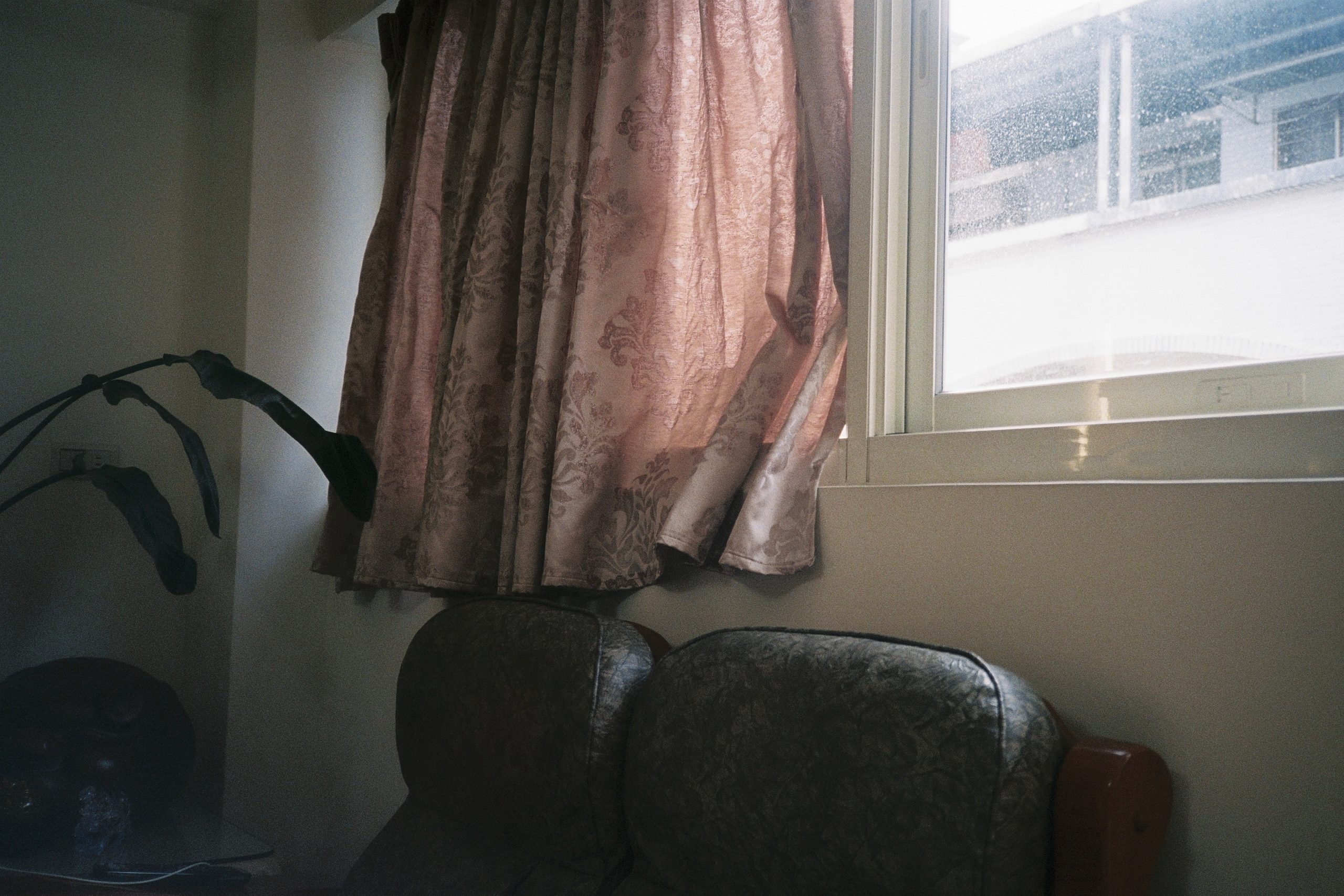 A living room corner with a dusty pink curtain, a worn armchair, and a wilting plant.